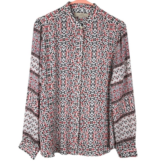 Loft Women’s Long-Sleeved White w/Red Floral Print Banded Collar Size Medium - Picture 1 of 10